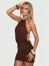 Adriene Beaded Halter Mini Dress Brown