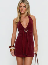 Amiro Halter Plunge Mini Dress Burgundy Shimmer