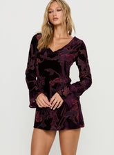Alitra Long Sleeve Mini Dress Floral Devore Burgundy