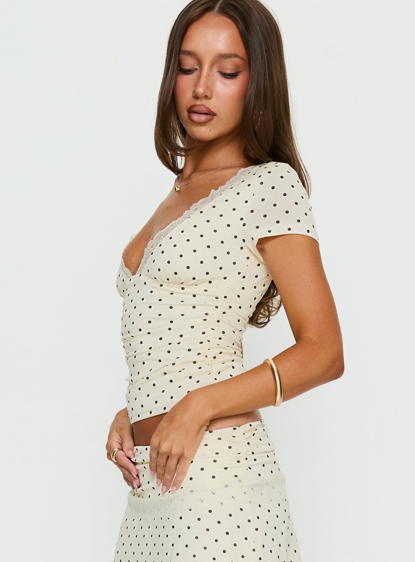 Amia Lace V Neck Top Cream Polka Dot