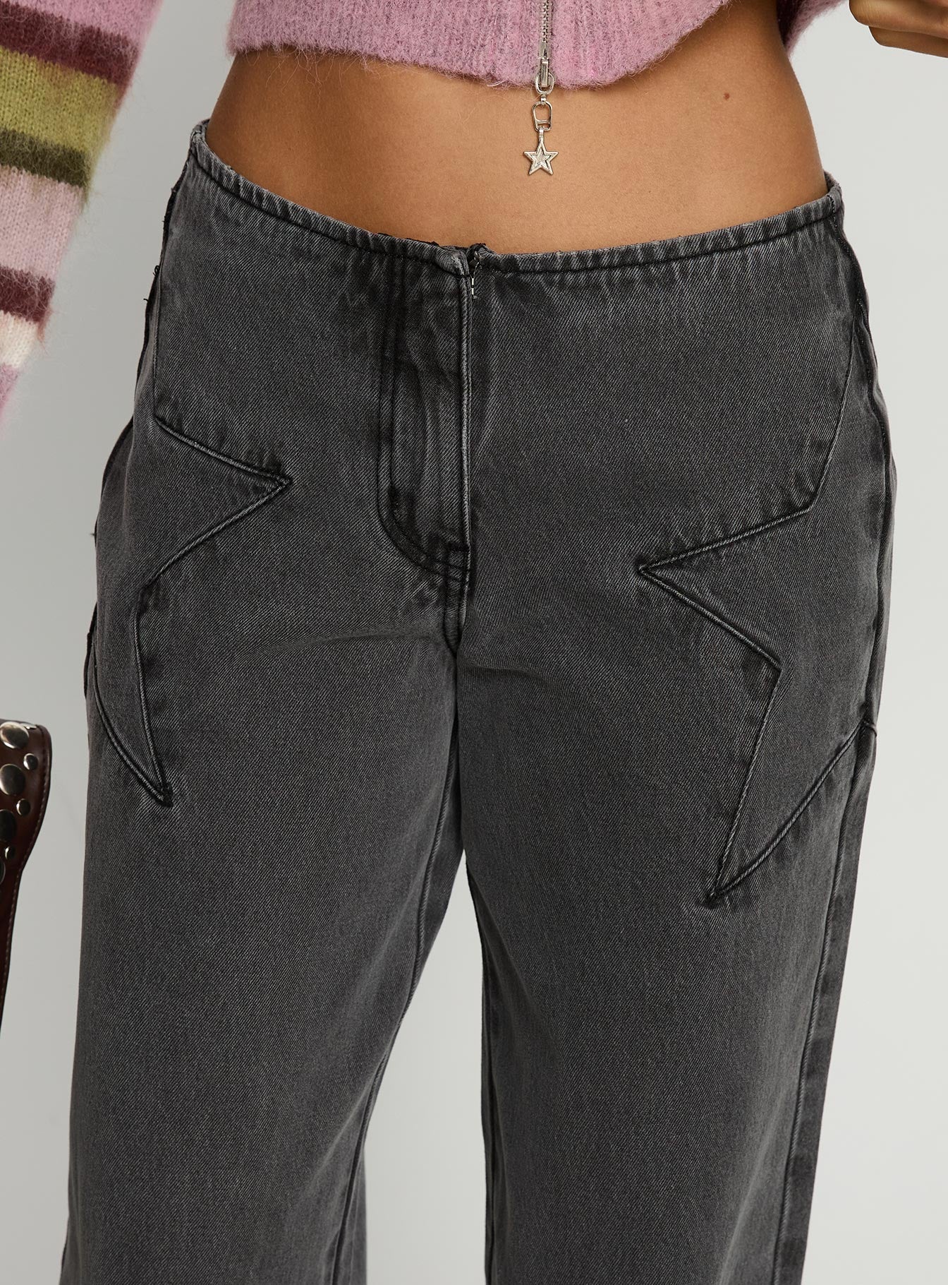 Dolley Star Stitch Mid Rise Wide Leg Jean Grey Wash